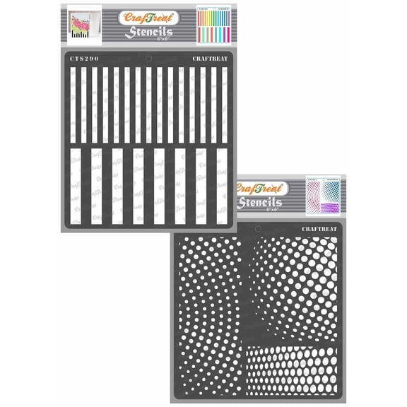 CrafTreat Stripes and Halftone Circles Stencil for Painting and Crafting - 2 Pcs - 6"x6" each