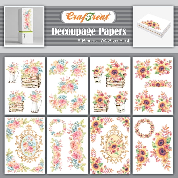 CrafTreat Vintage Floral Decoupage Paper for Furniture, Wall- A4-8Pcs