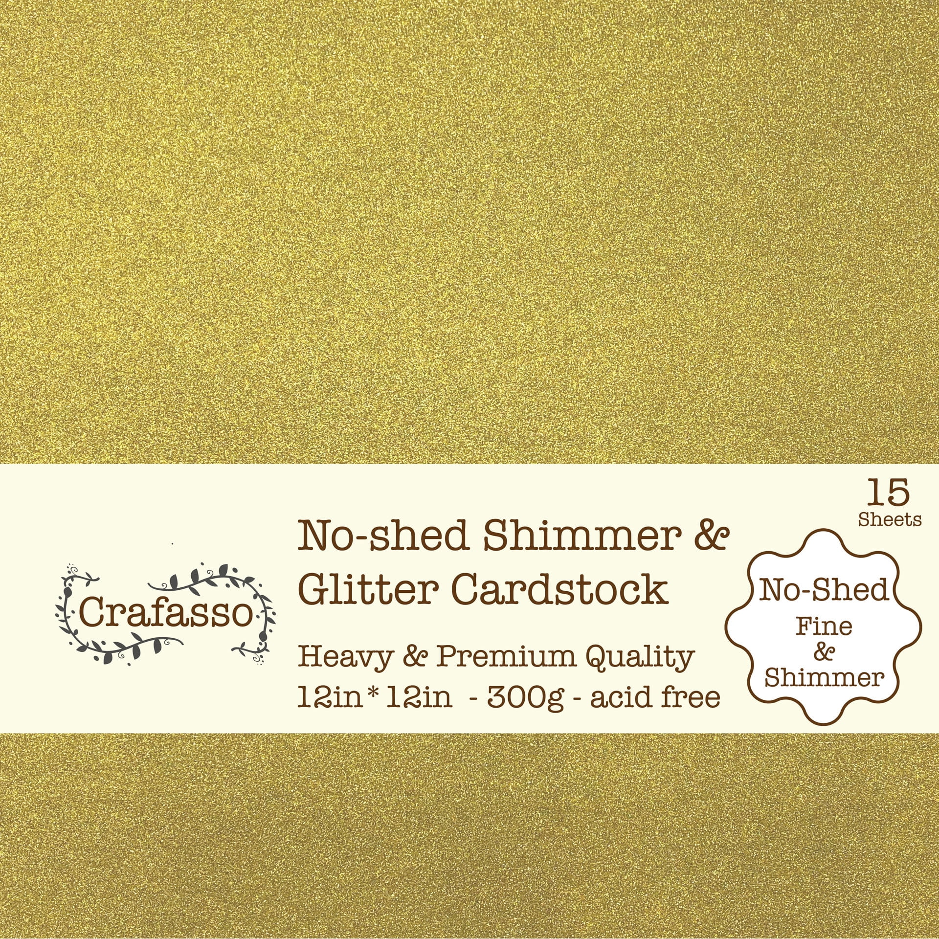 Crafasso No-Shed fine Glitter cardstock, 12" x 12" 300GMS, 15 Sheets, Gold