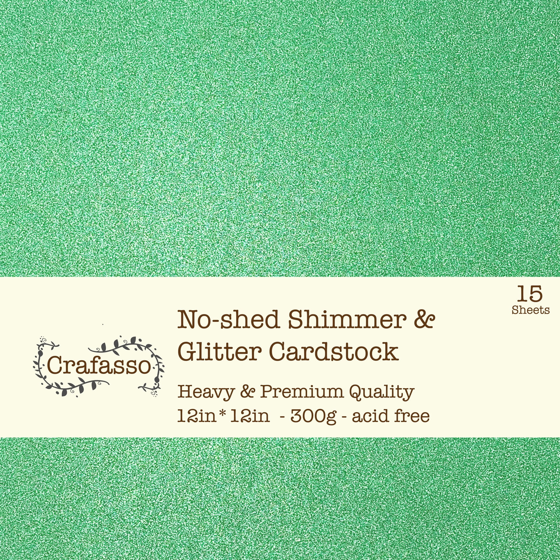 Crafasso No-Shed fine Glitter cardstock, 12" x 12" 300GMS, 15 Sheets, Green