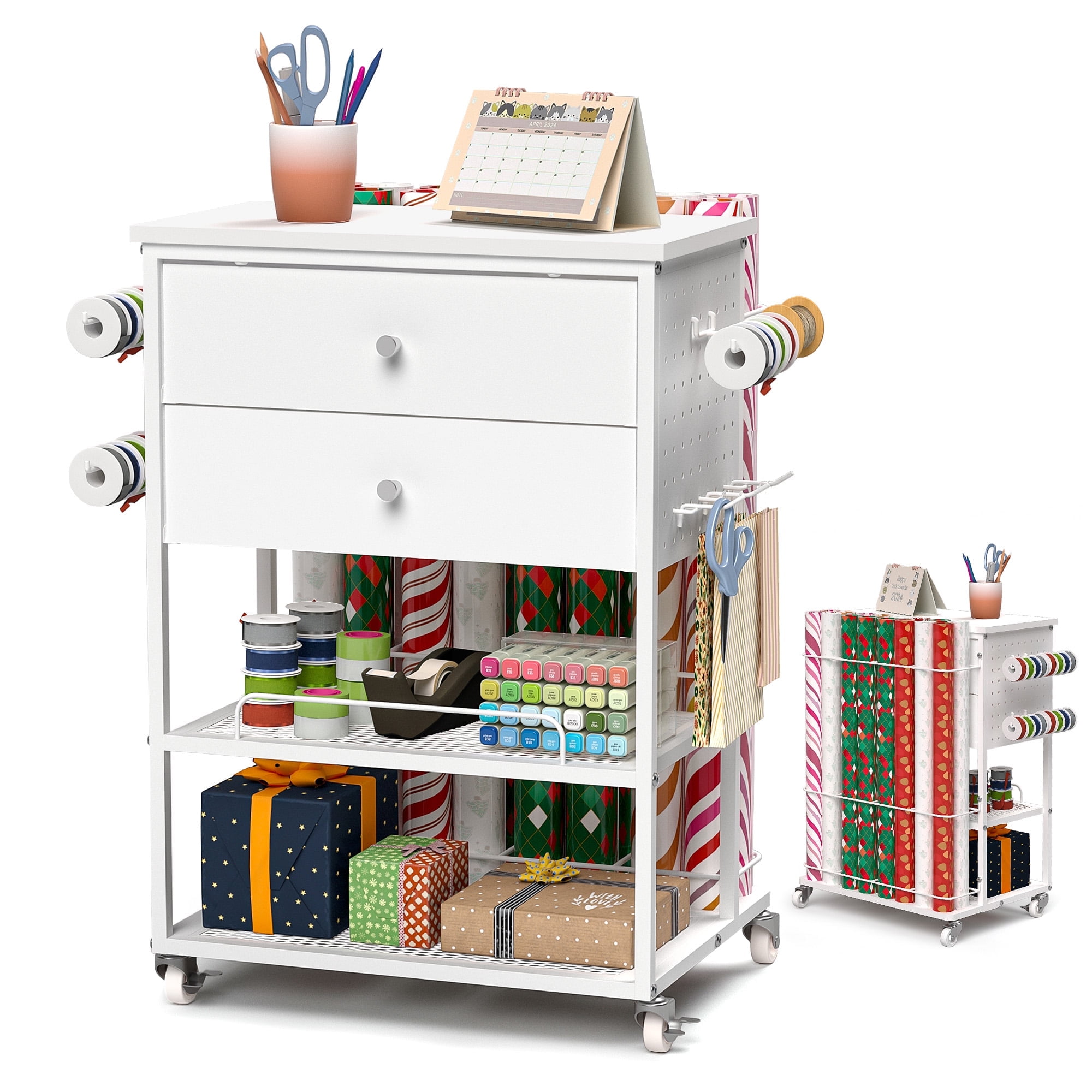 Crafit Gift Wrapping Table Craft Paper Storage Cart with 2 Drawers and Metal Shelves for Craft Room Gift Bags