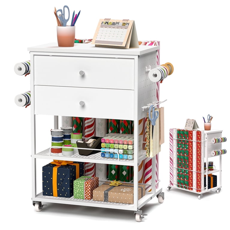 15-Tier Rolling Ribbon Organizer — Metal Storage Rack With Wheels For Wrapping, Craft Vinyl, Towels & More, White