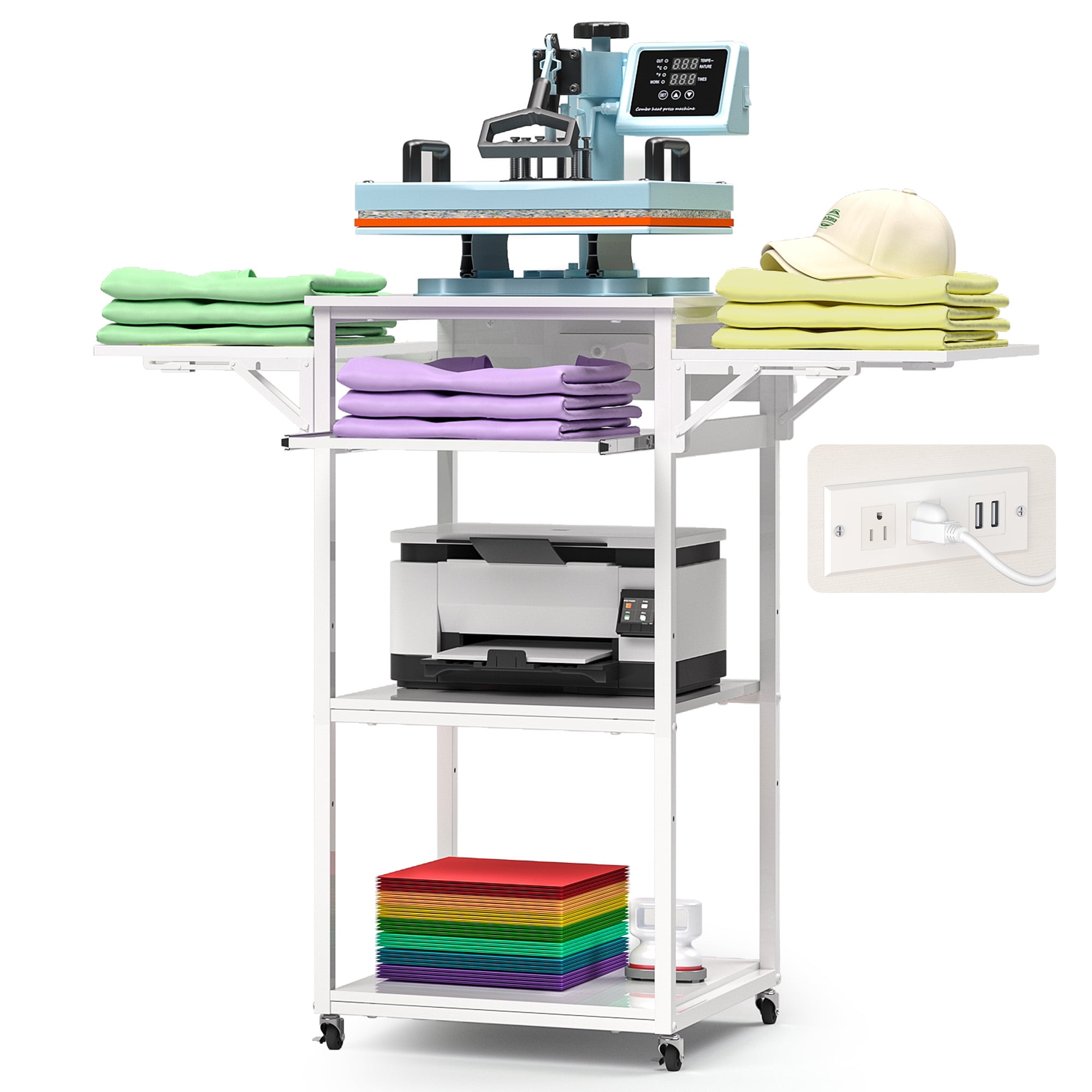 Crafit Sewing Table Movable Heat Press Table with Charging Station and Pull-Out Tray for Craft Room