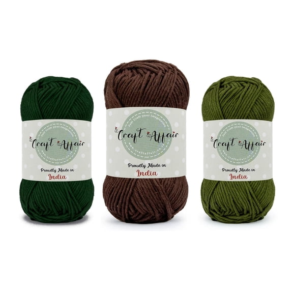 Craft Affair | 8Ply Cotton Crochet Yarn Pack of 3 (Each Color 2mm, 84 Yards, 1.76 oz) 100% Pure Cotton | For Knitting Yarn | Craft & DIY Project: Bottel Green, Coffee, Olive Green