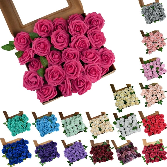 Craft And Party 25pcs Artificial Fuchsia Foam Rose Flower Head With Stems Wedding Bride Bouquet, Floral Centerpieces Arrangements Home Decor