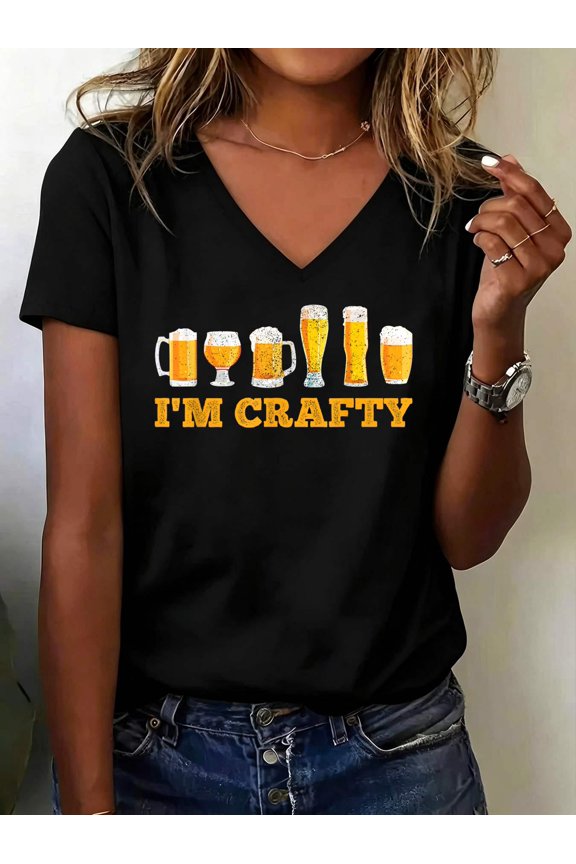 Craft Beer I'm Crafty Home Brew Beer V Neck T-Shirt Cotton Women's V Neck Graphic Tee, Casual Short Sleeve Shirt,Vacation Outfit
