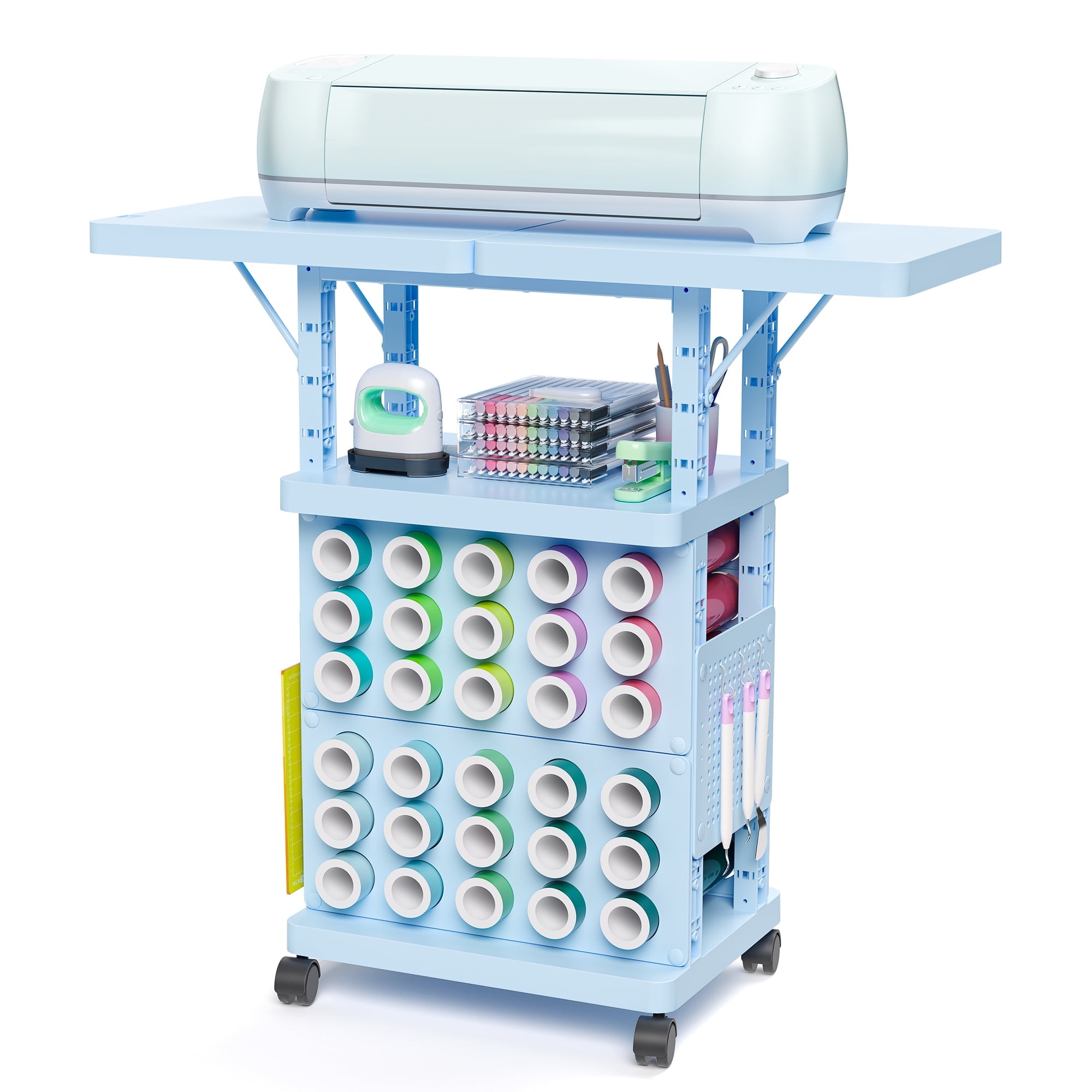 Organizer and Storage Stand Compatible with Cricut Machine, Rolling Storage Cart Table Desk Shelf with 30 Vinyl Roll Holders, Tool Pegboard, Accessories Holder Organizer for Craft Room Home