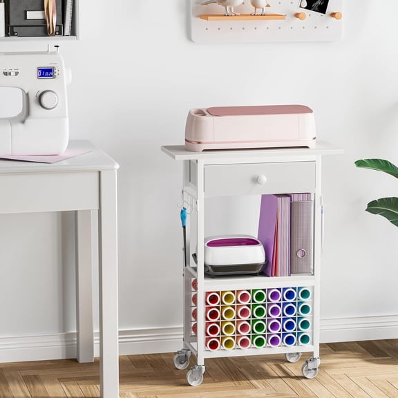Craft Cart Compatible with Cricut Maker, Craft Organizers and Storage Table with Wheels, Drawer and Vinyl Roll Holders, White