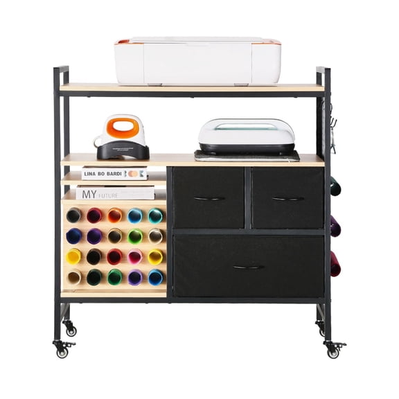Craft Cart with Storage, Cricut Machine Table, Craft Organizer, Rolling Storage Cart with 20 Vinyl Holders & 3 Drawers, Black