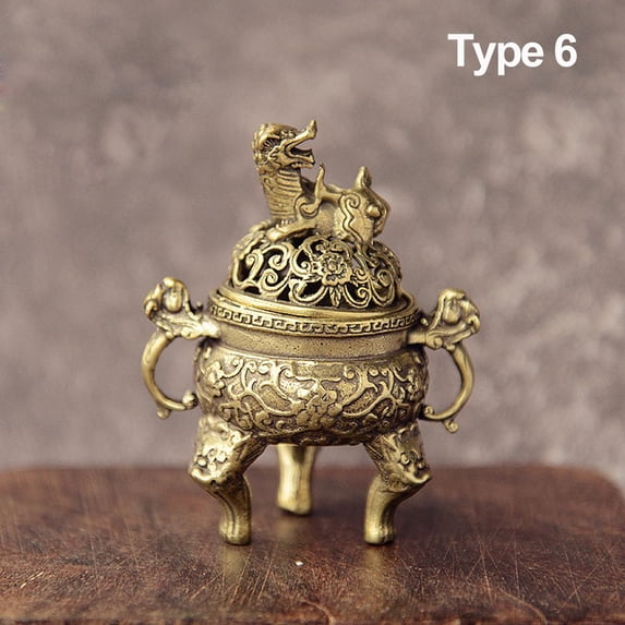Craft Cense Stick Holder Desktop Ornaments Incense Burner Hollow Lotus Mini Qilin Head Retro Brass Censer TYPE 6