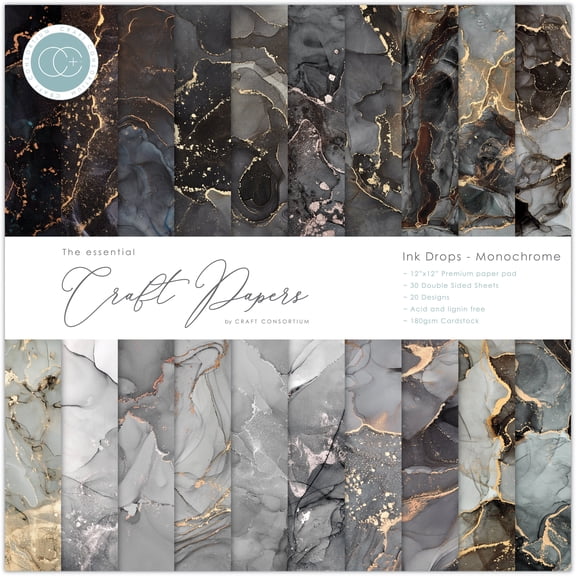 Craft Consortium Double-Sided Paper Pad 12"X12" 30/Pkg-Ink Drops - Monochrome, 20 Designs