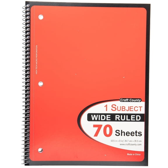 Craft County - Spiral Notebook - 70-Sheet- Wide-Ruled- Red