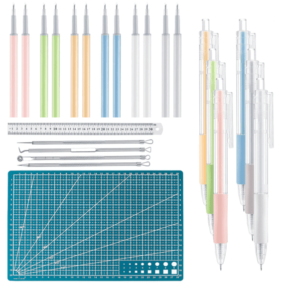 Craft Cutting Tool Kit with Cutting Mat Ruler, 6 Retractable Cutting Pens 12 Refills 4 Weeding Tools for DIY Vinyl Paper