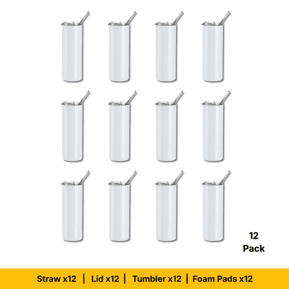 Craft Express 30 oz Stainless Steel Skinny Tumbler 12-Pack with Straw Lid White Sublimation Blank Tumblers