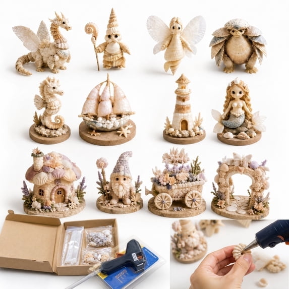 Craft Glue Ocean Shell DIY Handmade Kit, Marine Seashell Art Craft Set, Beach Theme Wooden Decoration Assembly Kit, Creative Glueing Project, Seaside Souvenir Making Kit