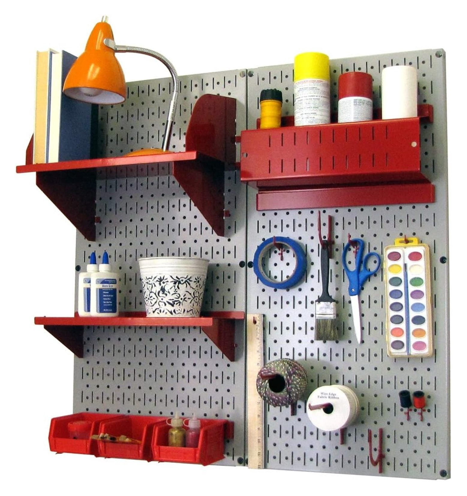 Craft & Hobby Pegboard Organizer Storage Kit with Gray Pegboard and Red ...