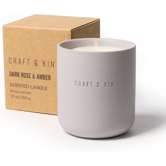 Craft & Kin Home Fragrance Bundle - Dark Rose & Amber Scented Candle, 10oz, 40-Hour Burn & Santal Woods Reed Diffuser Set, 6.7oz, Alcohol-Free Essential Oils - Perfect for Fall & Winter Decor