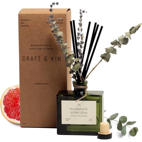 Craft & Kin Reed Diffuser with Dried Flowers | 5 oz Sicilian Citrus & Eucalyptus Scented Fall Reed Diffusers for Home, Bathroom | Scent Sticks | Elegant Fragrance Home Decor for Men & Women