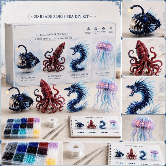 Craft Kit for Adults, Bead Animal Making Kit, Deep Sea Set, Beaded Sea Life, Complete Intermediate Beading Supplies Kit with Needles, Thread, Glow in The Dark Beads,