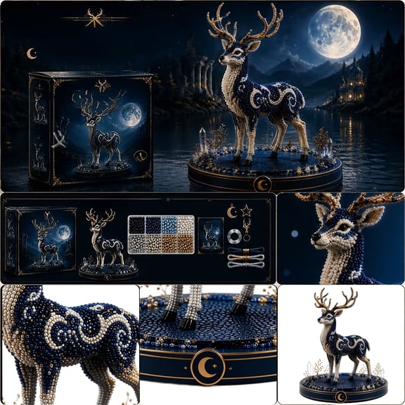 Craft Kit for Adults, Bead Making Kit, Diy Crafts for Adults, Adult Arts and Crafts, 3D Celestial Mythical Beaded Deer Animal Complete Diy Set with Blue Rhinestones, Finished