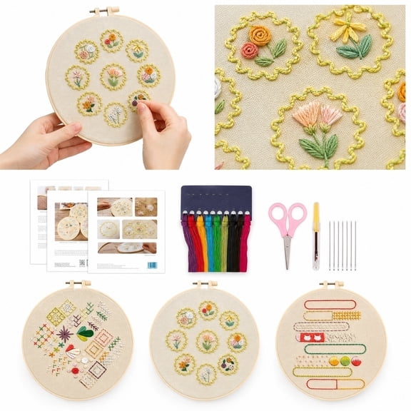 Craft Kit for Adults, Embroidery Kits for Beginners, 3 Piece Stitch Practice Hand Embroidery Set, Embroidery Starter Kit for Adults, Comes with 8 Inch Mini Embroidery Hoops,