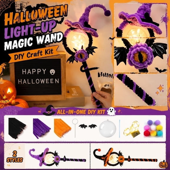 Craft Kit, Halloween Witch Diy Light Up Wand Making Set, Halloween String Lights Included Kids Craft Supplies, Orange Halloween Decor Handmade Material Pack, 15X8 Inch Complete