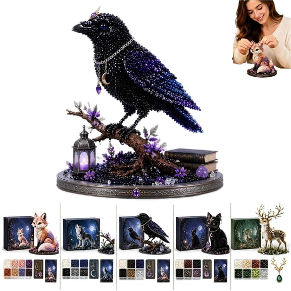 Craft Kits for Adults - DIY 3D Bead Jewelry Making Kit, Beading Supplies with Tools & String, 5 Animal Design Figures for Home Hobby Project or Gift, 7.87" x 4.72" x 1.97" Box (Crow)