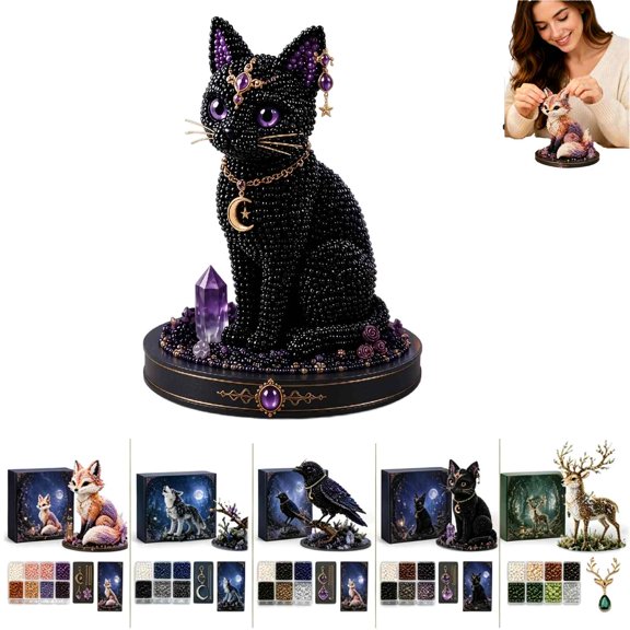 Craft Kits for Adults - DIY 3D Bead Jewelry Making Kit, Beading Supplies with Tools & String, 5 Animal Design Figures for Home Hobby Project or Gift, 7.87" x 4.72" x 1.97" Box (Black Cat)