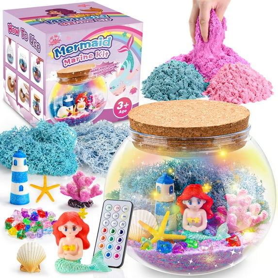 Craft Kits for Kids Girls Age 3-9, Light-up Mermaid Terrarium Kit for Kids, Gifts for 3 4 5 6 7 8 Year Old Girls, Remote Night Light Toys Gifts for 5-7 6-8 8-12 Year Old Girls