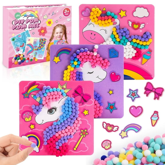 Craft Kits for Kids Girls Ages 3 4 5 6, DIY Unicron Crafts with Pom Pom Balls, Fine Motor Skills Toys Gifts for 3-6 Year Old Girls