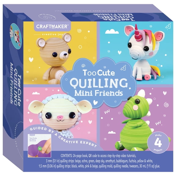 Craft Maker: Too Cute - Quilling Mini Friends - DIY Adult Skill Learning Kit, Make 4 Animal Characters, Guidebook, Tools, Creative Art Activity