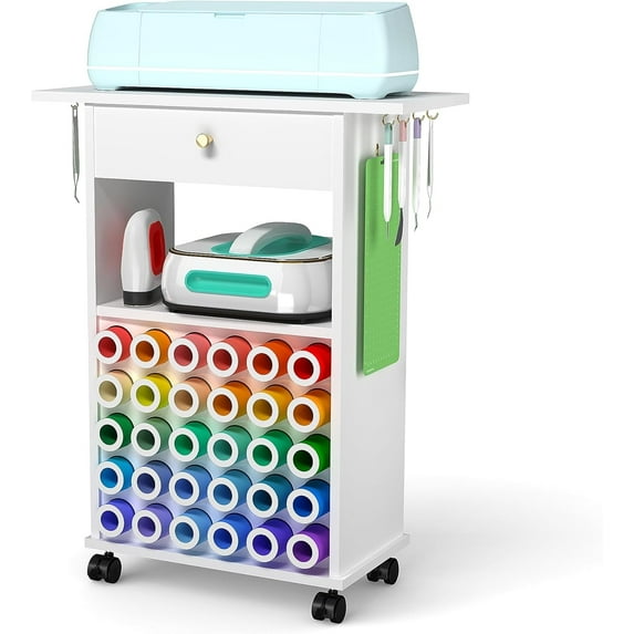 Craft Organization and Storage Rolling Cart Compatible with All Cutting Machines, Craft Table with 30 Vinyl Roll Holders,Craft Cart with Storage for Craft Room Home