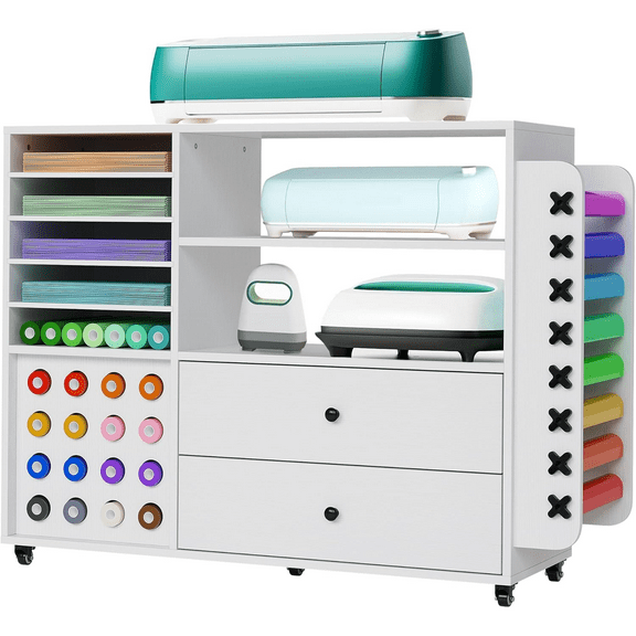 Craft Organization and Storage Cart Compatible with 2 Drawers & 24 Vinyl Roll Holder for Craft Machines