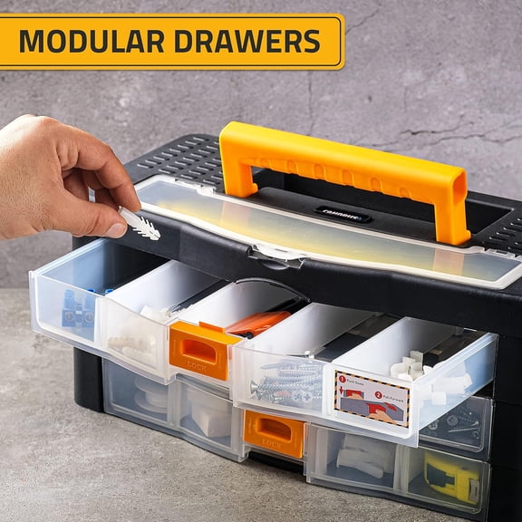 Craft Organizer with Drawers, 15-in Modular Drawer Case, Storage Organizer with Transparent Drawers, Portable Plastic Tool Box for Small Tools, Crafts, Screws, Bolts, Hardware and Small Parts$$Tools
