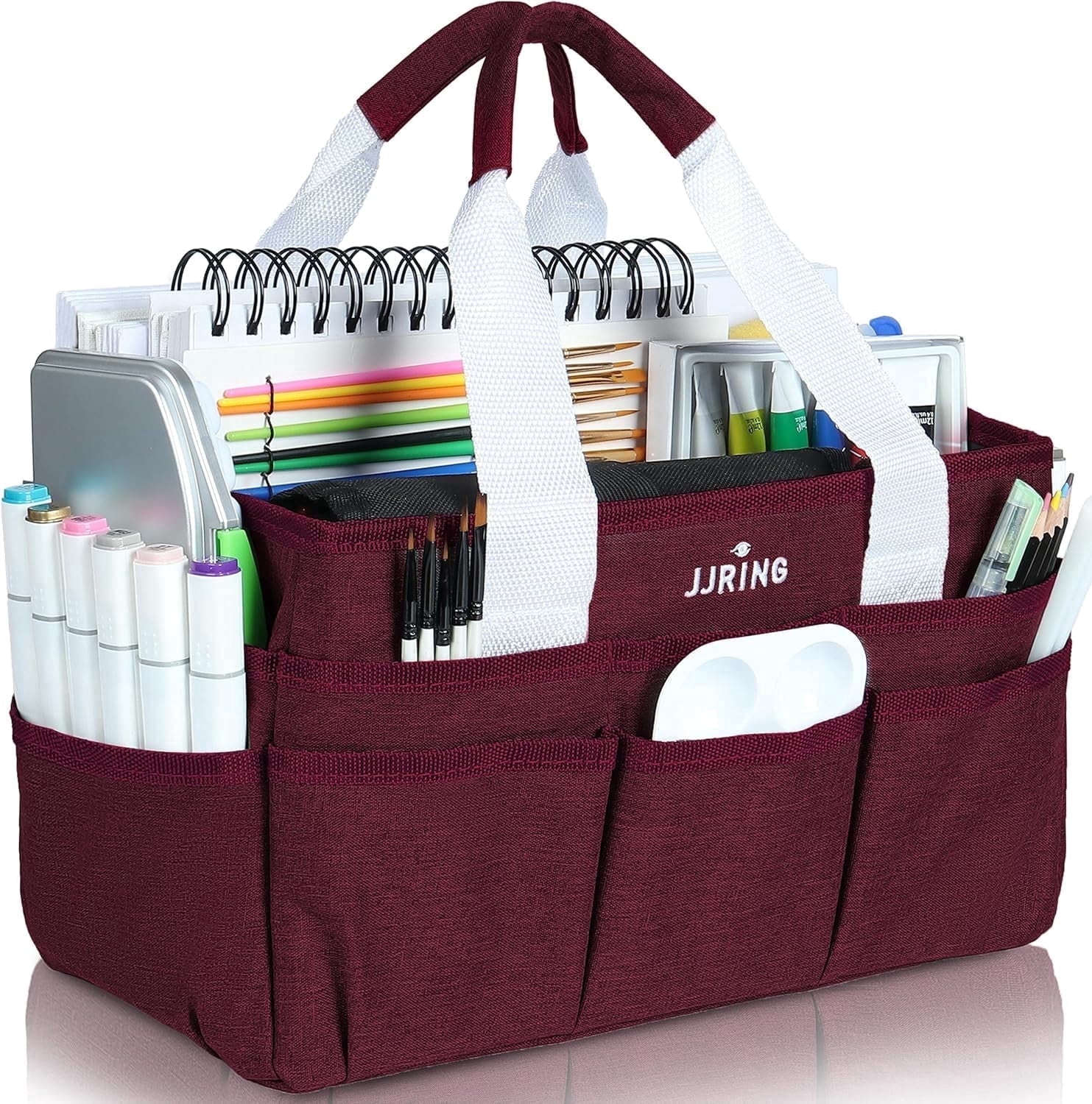 LAVFOX Craft Organizer Tote Bag, Multi-Pocket Art Storage Caddy Bag for Sewing, Scrapbooking, and Painting, Portable Desktop Utility Organizer for School, Medical, and Office Supplies, Burgundy