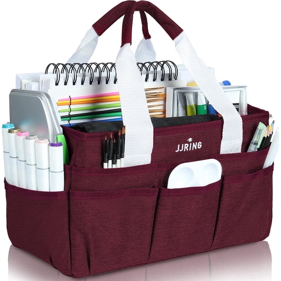 Craft Organizer Tote Bag, Art Storage Caddy with Multiple Pockets, Dark Red Sewing Bag for Art, Craft, Scrapbooking, School, Medical, and Office
