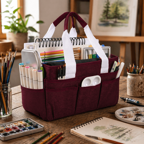 LAVFOX Craft Organizer Tote Bag, Multi-Pocket Art Storage Caddy Bag for Sewing, Scrapbooking, and Painting, Portable Desktop Utility Organizer for School, Medical, and Office Supplies, Burgundy