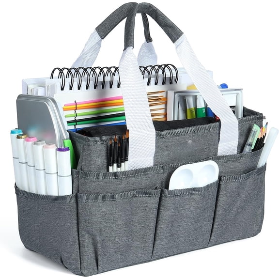 Craft Organizer Tote Bag, Art Storage with Multiple Pockets, Grey Sewing Bag for Art, Craft, Scrapbooking, , and Office Supplies Storage