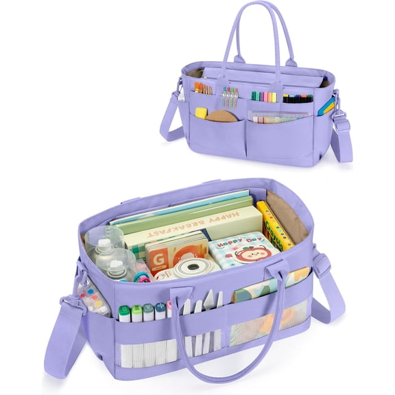 Craft Organizer Tote Bag, Art Supply Caddy, Purple with 11 Exterior Pockets, Zip-Top Closure, Detachable Shoulder Strap, Large Capacity for Art, Crafts & Sewing
