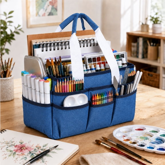 LAVFOX Craft Organizer Tote Bag, Portable Art Storage Caddy with Multiple Pockets, Blue