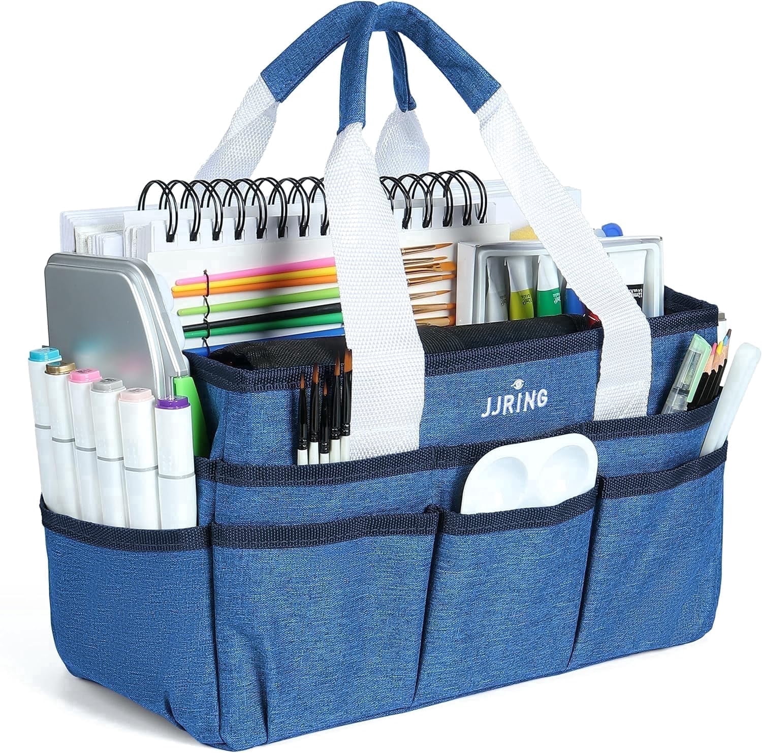 LAVFOX Craft Organizer Tote Bag, Multi-Pocket Art Storage Caddy Bag for Sewing, Scrapbooking, and Drawing, Portable Desktop Utility Organizer for School, Medical, and Office Supplies, Classic Blue