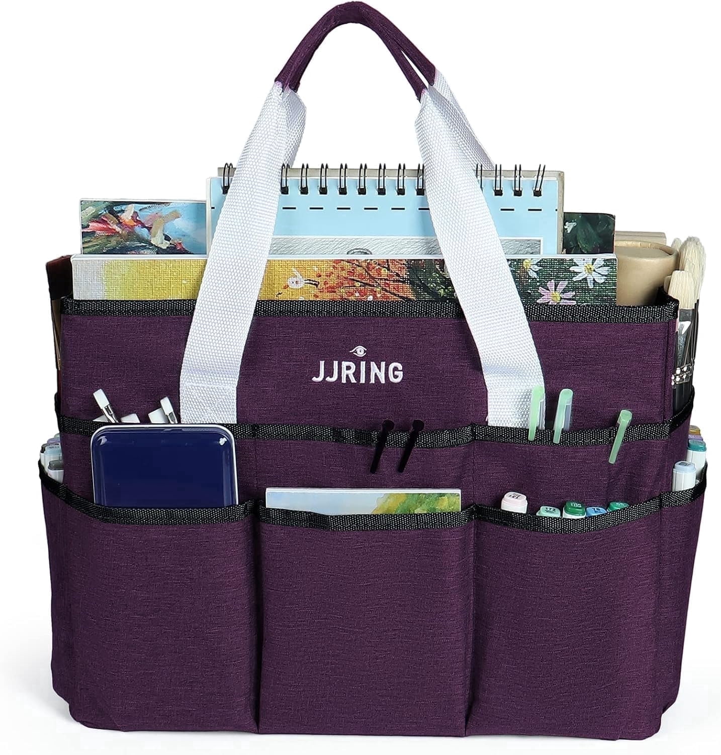 Craft Organizer Tote Bag, Large Deep Purple Multi-Pocket Art and Sewing Storage Caddy for Scrapbooking, Office, and Medical Supplies