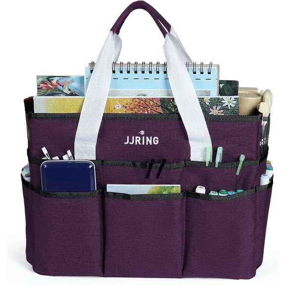Craft Organizer Tote Bag, Large Deep Purple Multi-Pocket Art and Sewing Storage Caddy for Scrapbooking, Office, and Medical Supplies