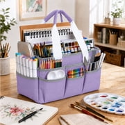 LAVFOX Craft Organizer Tote Bag, Portable Art Storage Caddy with Multiple Pockets, Lilac