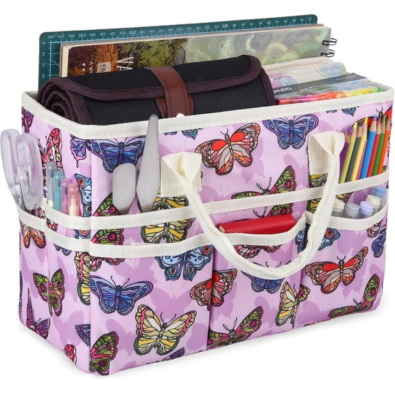 Craft Organizer Tote Bag with Multiple Pockets, Large Art Storage with Handles for Art, Craft, Sewing, Make-up,Scrapbooking, , and Office Supplies Storage. Butterfly