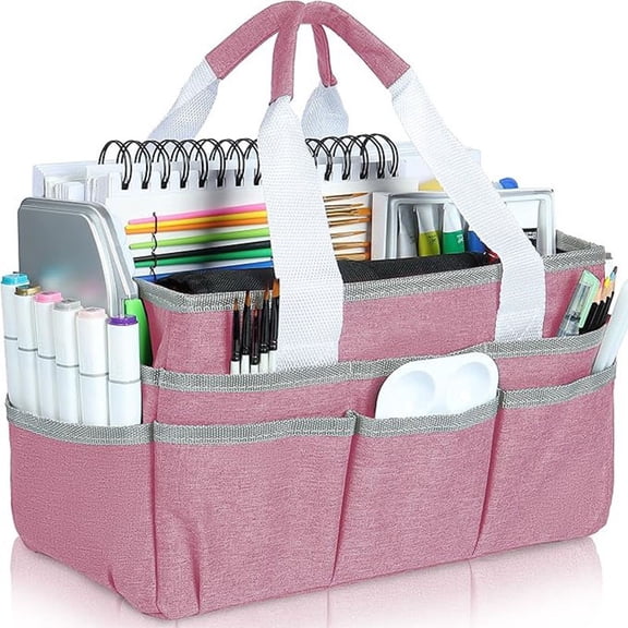 Craft Organizer Tote Bag, Pink Art Storage and Sewing Caddy with Multiple Pockets for Scrapbooking, School, and Office Supplies Storage, Pink, S