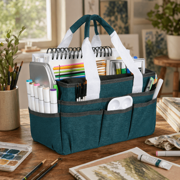 LAVFOX Craft Organizer Tote Bag, Bluish Green Large Capacity Art Storage Caddy with Multiple Pockets for Sewing, Scrapbooking, Medical, and Office Supplies