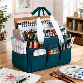 LAVFOX Craft Organizer Tote Bag, Portable Art Storage Caddy with Multiple Pockets, Bluish Green