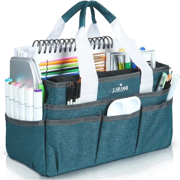 Craft Organizer Tote Bag for Art Storage, Caddy with Multiple Pockets, Bluish Green Sewing Bag for Scrapbooking, School, Medical, and Office Supplies