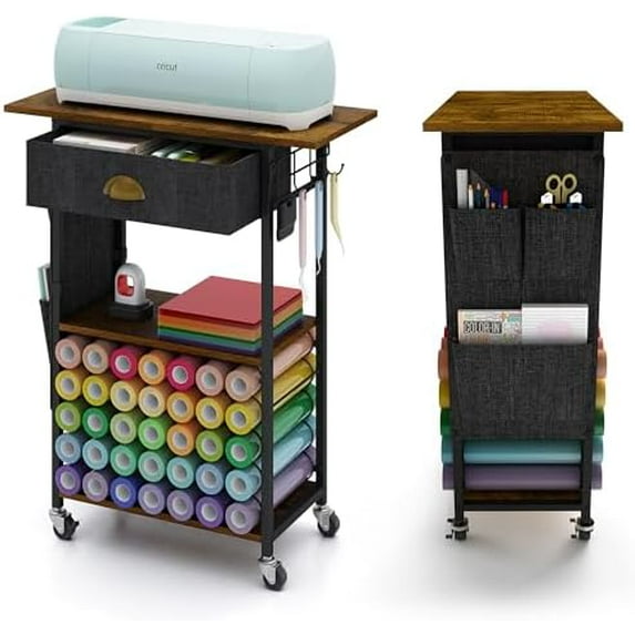 Art and Craft Storage Carts with Vinyl Roller Storage and Organization Frame, Hot Press Table with Wheels